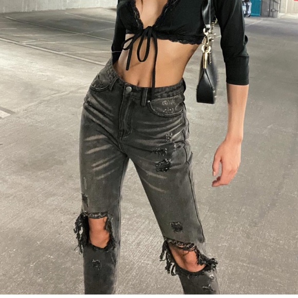 erissa Denim - Erissa Knee Rip Distressed Black Washed Jeans Sz 2